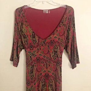 ATHLETA Paisley Jersey Knit Dress Size Large V-Neck Empire Tie Back Cranberry